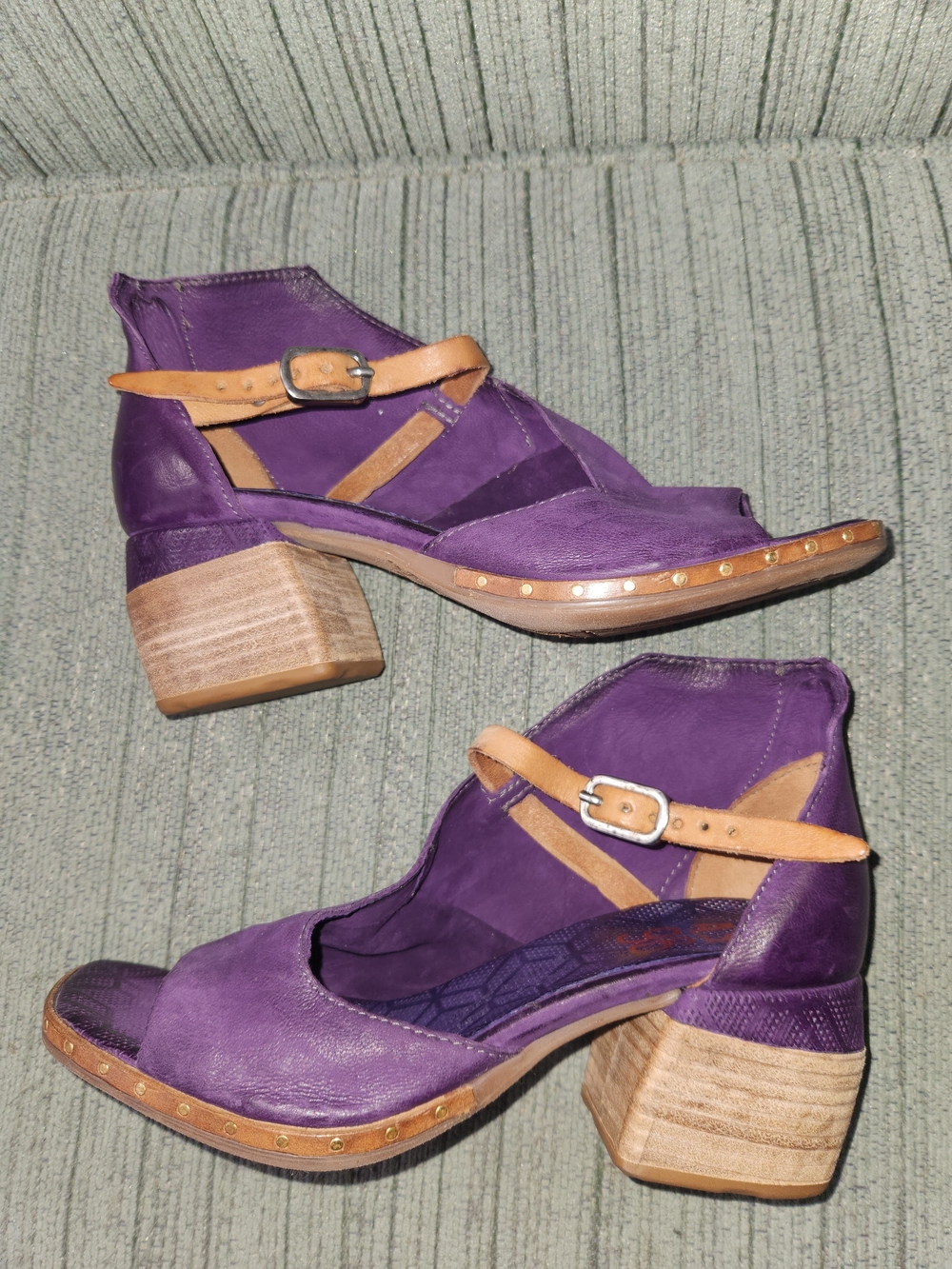 A.S.98 Purple Leather Block Heels with Tan Straps